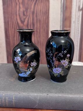 Black Floral Peacock Set of 2 Small Vases
